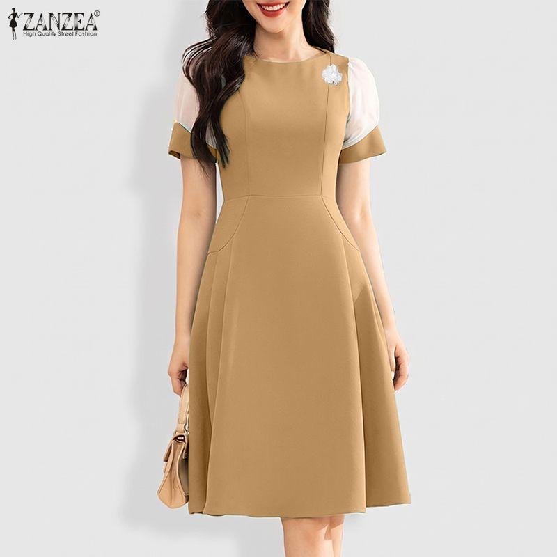 ZANZEA Women Casual Round Neck Mesh Splice Short Sleeve Summer Dress