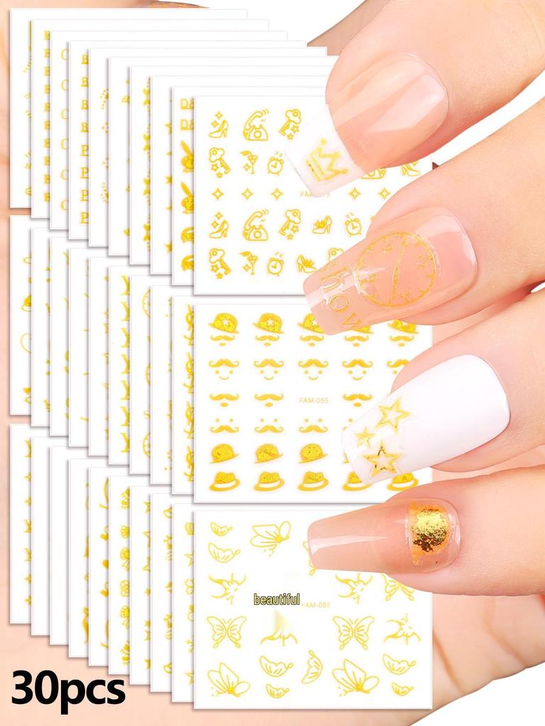 Gold 3D Self-Adhesive Full Cover Nail Stickers for Kids - Wearable Manicure Decals