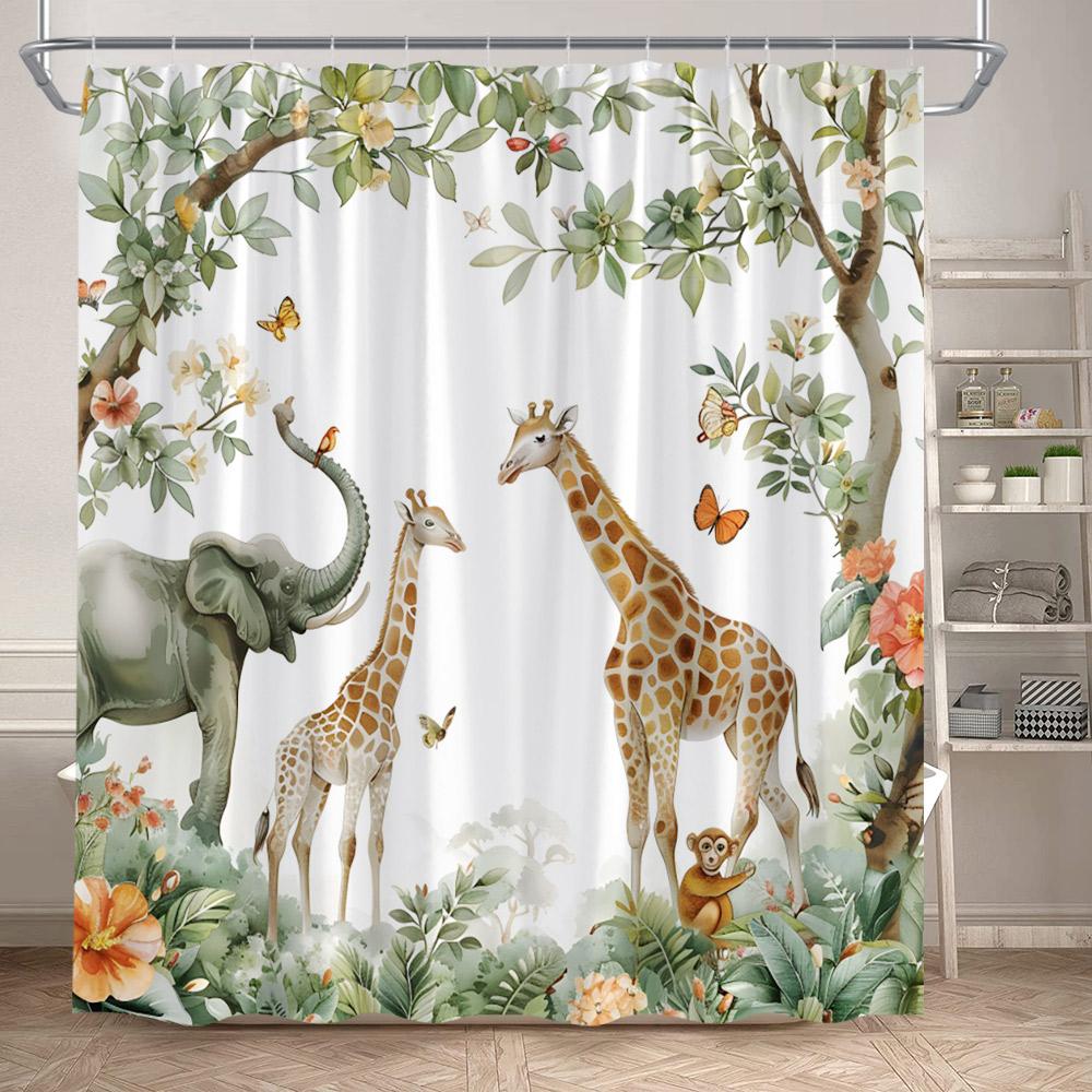 Cartoon Wild Animals Shower Curtains Lion Elephant Giraffe Monkey Forest Wildlife Kids Bath Curtain Fabric Home Bathroom Decor