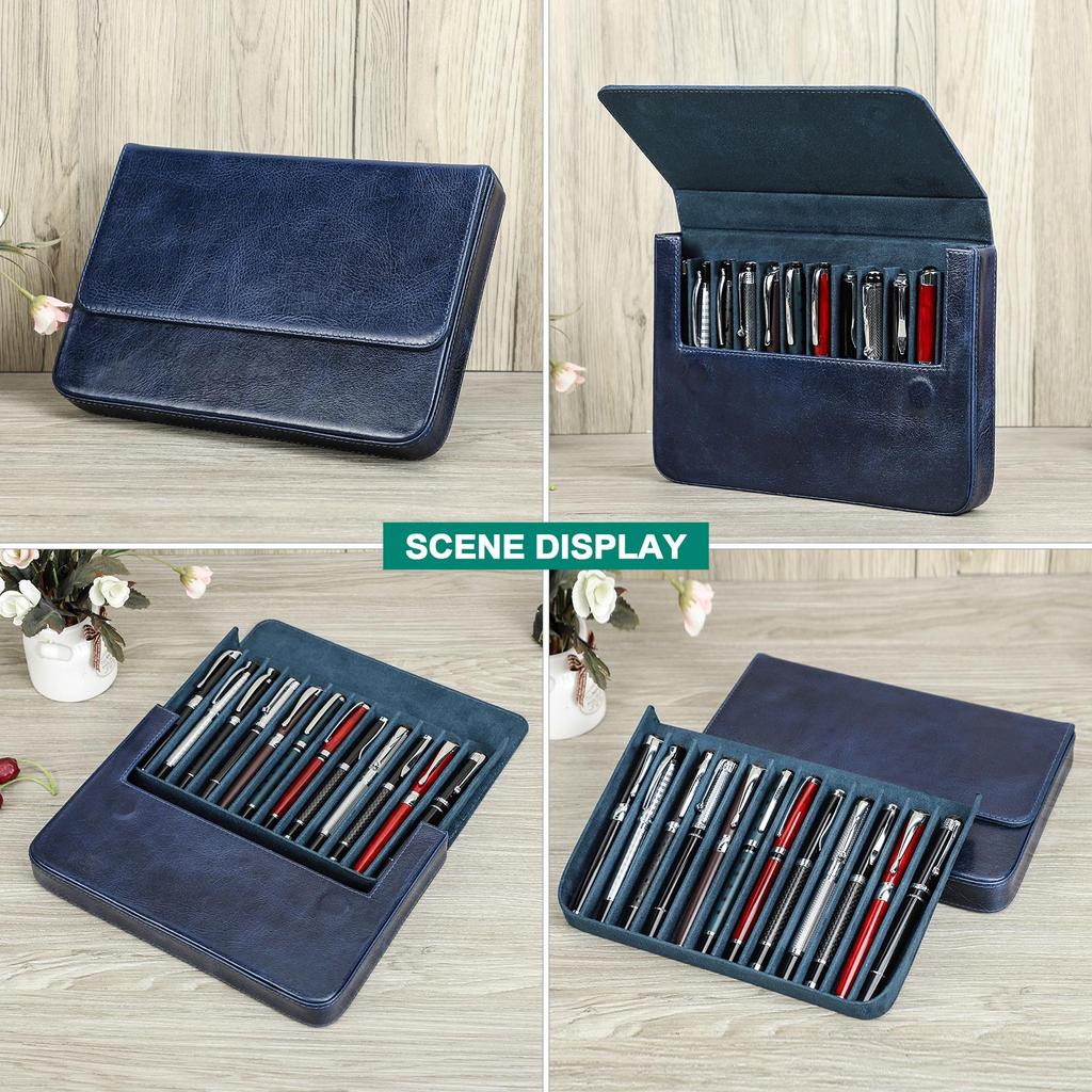 Husă pentru stilouri din piele naturală realizată manual, multicoloră, cu 12 sloturi, cutie pentru stilouri de lux