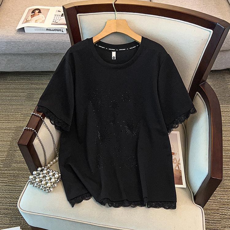 Plus Size Loose Casual Rhinestone Lace Trim Short Sleeve Women s Top (300 Jin) 9XL (Weight 260-300 lbs)