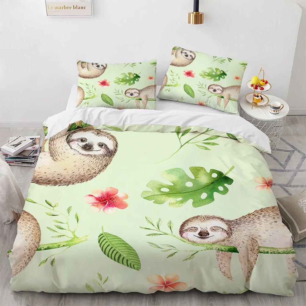 Watercolor Brown Sloth Duvet Cover Cartoon Animals Pattern For Kids Teens Boys Girls Wildlife Bedroom Decorations Quilt Cover