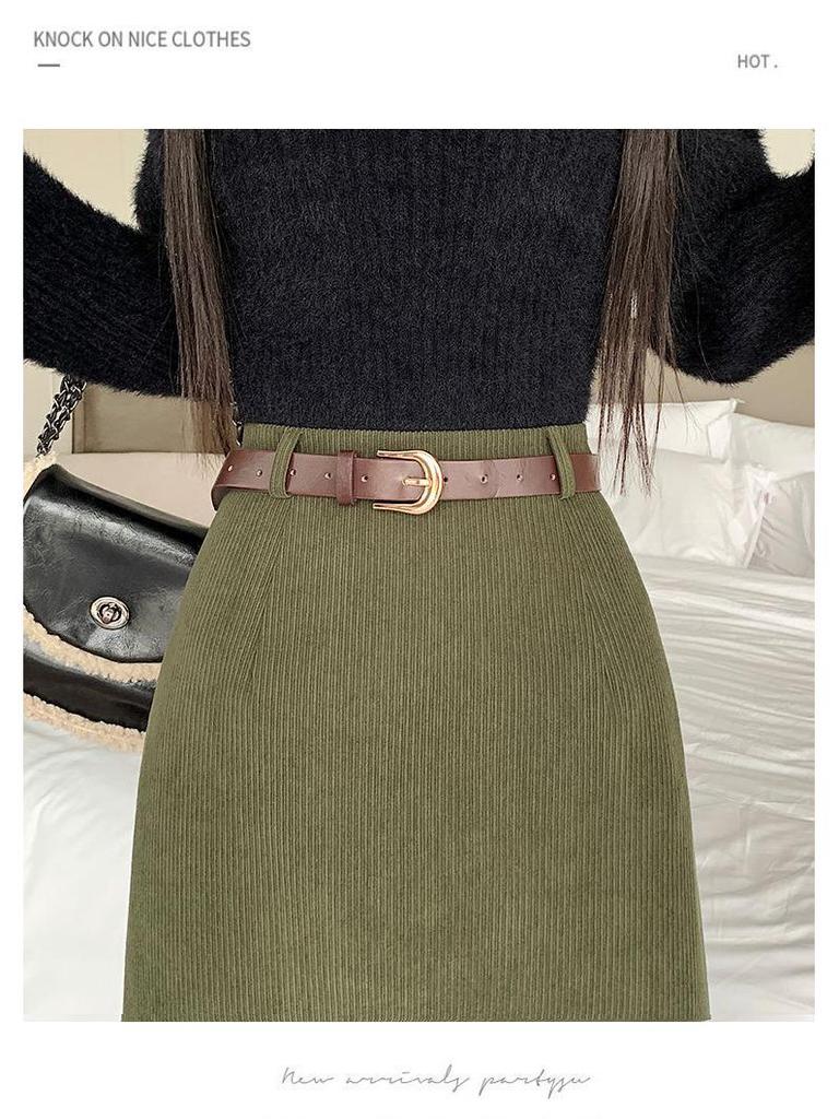 Women's High-Waist Corduroy Skirt: Retro Mid-Length with Spring/Autumn Slit & Hong Kong Style Drape.