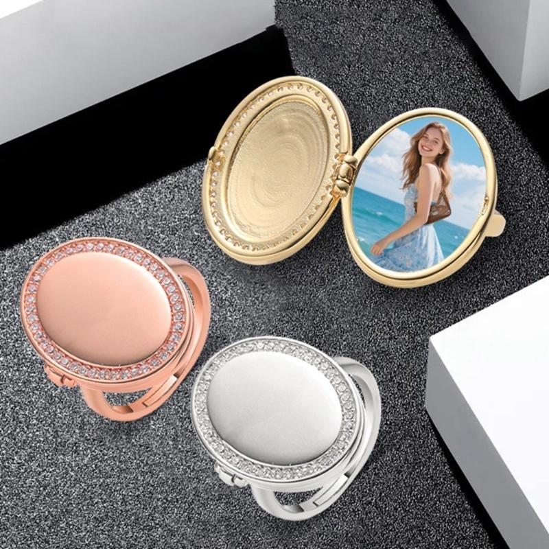 Geometric Oval Locket Ring for Women Men Openable Photo Frame Finger Ring Family Love Jewelry Rings