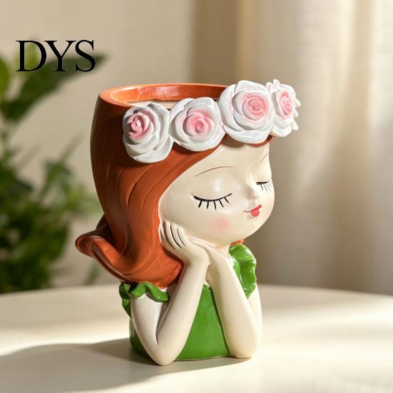 Decorazione per la Casa Fantasiosa Vaso in Resina per Ragazza Carina, Vaso a Forma di Testa con Ghirlanda di Rose, Fioriera da Scrivania Contenitore Decorativo per Piante Grasse Cactus