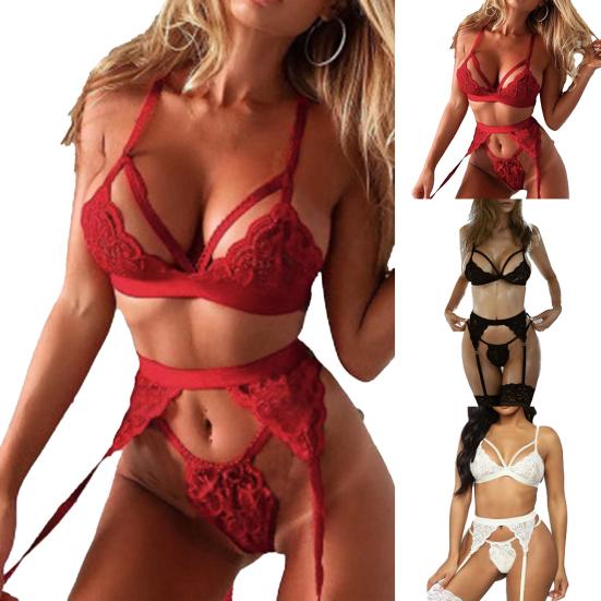 3Pcs/Set Underwear Close-fitting Visual Experience Spandex See-through Bra Three-piece Suit for Bedroom