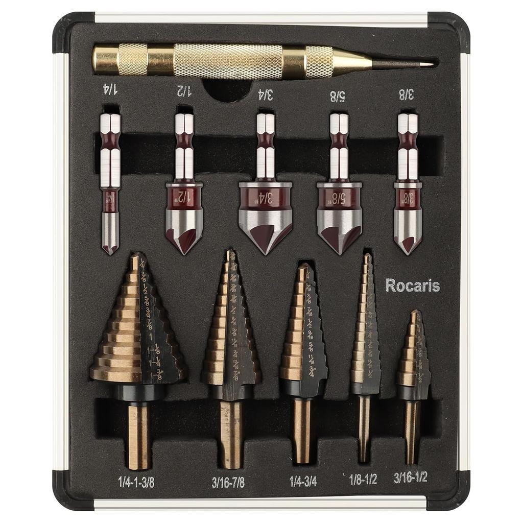 5 Pack Step Drill Bit & 5 Pack Countersink Drill Bit Set, Titanium Coated, 50 Sizes of Step Bit for Metal with Aluminum Case