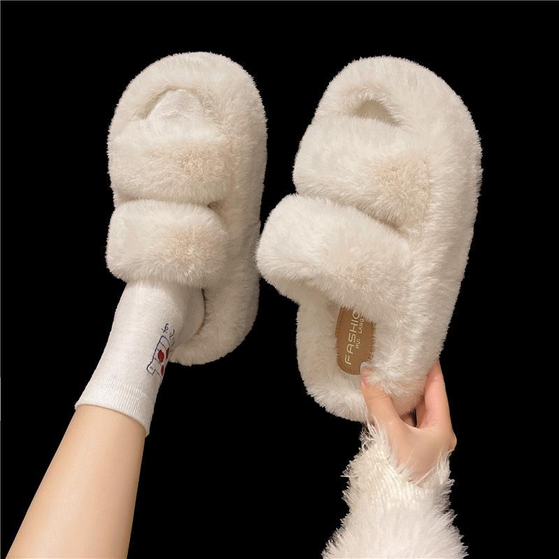 Premium sense outer wear thick bottom fluffy slippers women's 2025 new thick suede one-word drag~ autumn and winter velvet 5CM cotton drag