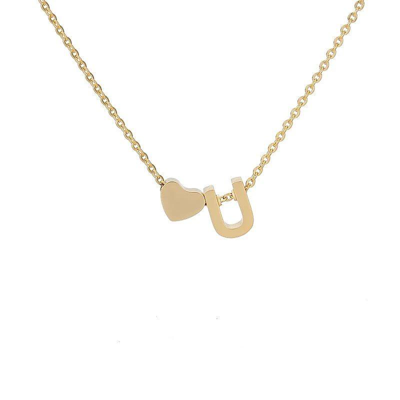 Stainless Steel Gold Heart & Alphabet Bead Necklace A-Z