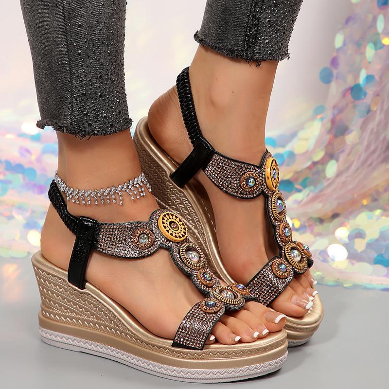 Fashion Bohemia Gold Glitter Sandals Women 2025 Summer Metal Decoration Wedge Heels Sandals Size 43 Brand Designer Sun Totem Shoes Women