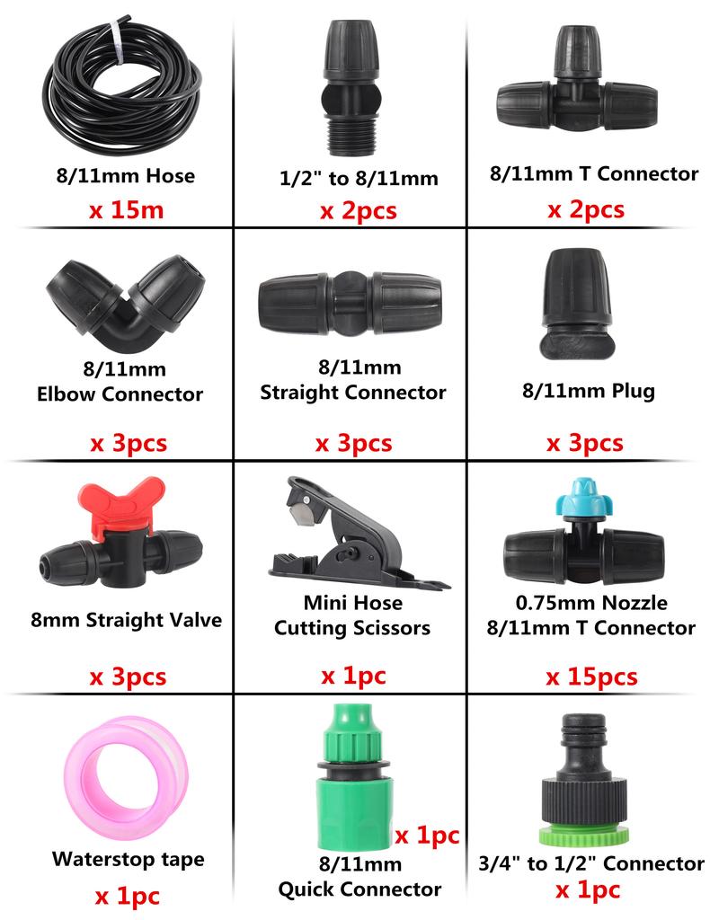 5/10/15/20m 8/11mm Hose Garden Watering Kit 0.75mm Orifice Lock Spray Nozzle Lawn Greenhouse Irrigation System