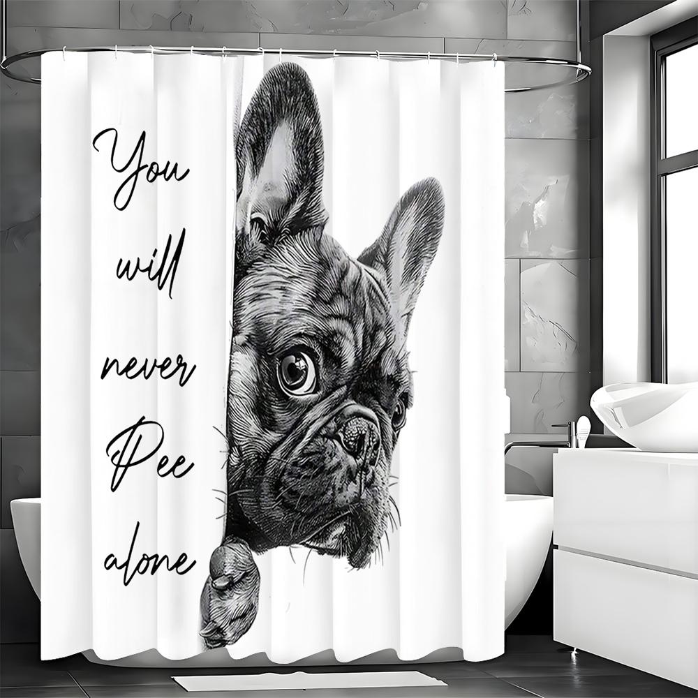 Französische Bulldogge Lustiger Duschvorhang, Badezimmer Dekorativer Duschvorhang, Wasserdichter Duschvorhang mit Haken