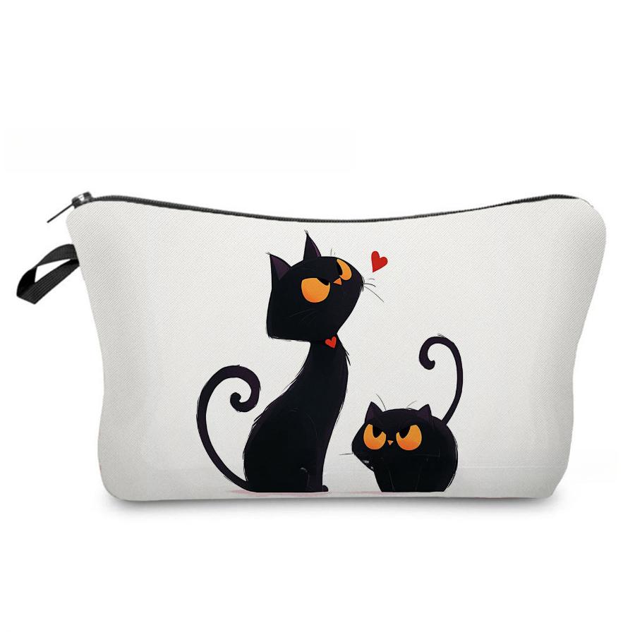 Women Black Cat Print Cosmetic Bag Toiletries Organize Travel Storage Case 6964 KTB