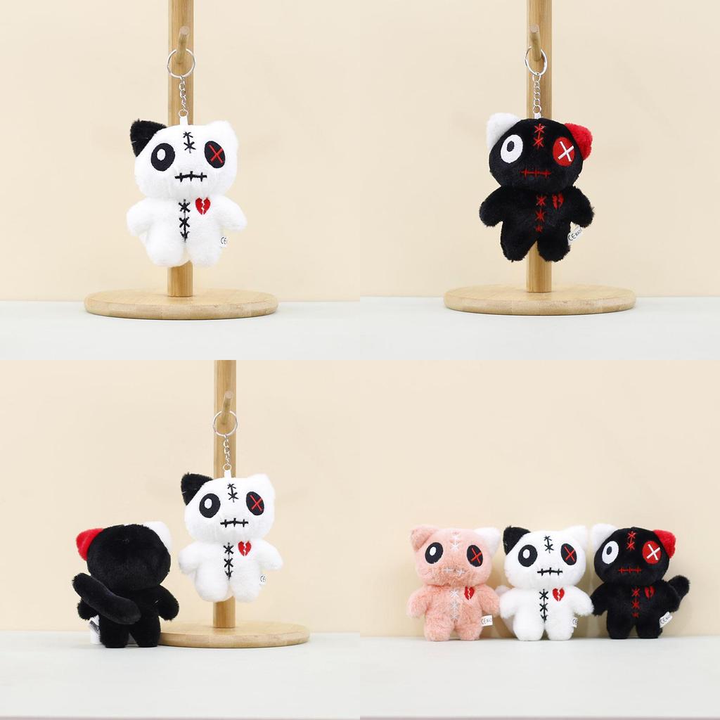 Fluffy White Black Pink Cat Plush Toy Keychain Adorable Big Eye Doll For Bags