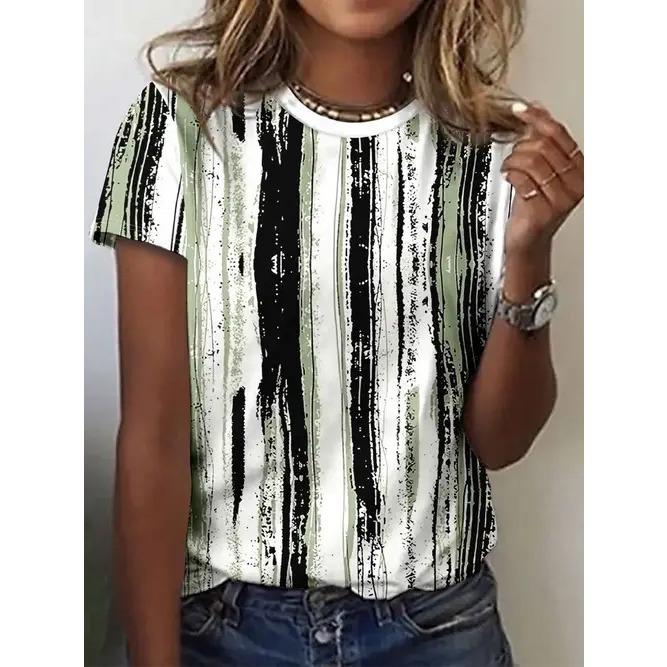 Summer Round Neck Geometric Pattern Color Block 3D Print Top Fashionable Casual Short Sleeved Women's T-shirts