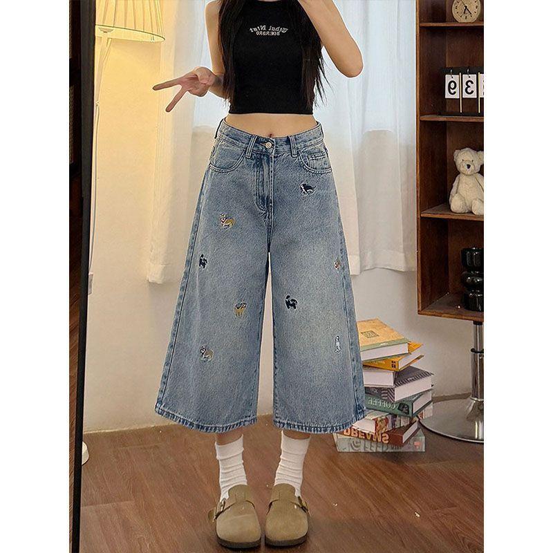 Cute Embroidered Wide-leg Seven-point Jeans Women s Summer Loose High-waisted Slim Straight Shorts Cute Loose Women Summer Casual Seven-point Jeans S
