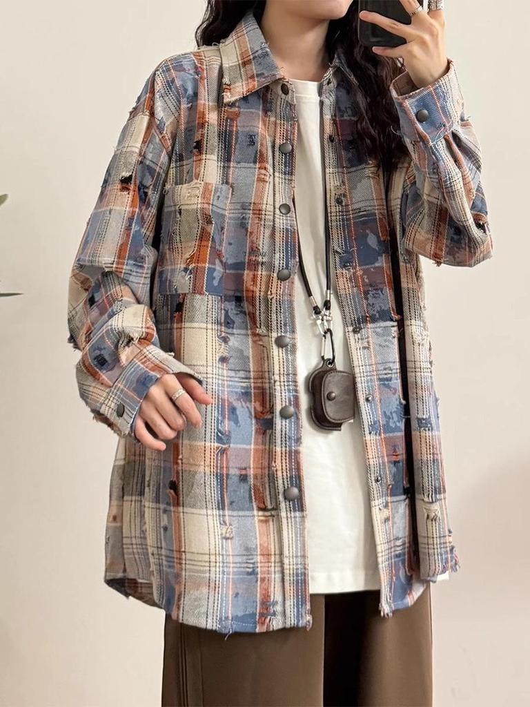 Camicia da Donna Autunno 2025 Retrò Tie-Dye a Quadri a Maniche Lunghe con Quattro Bottoni