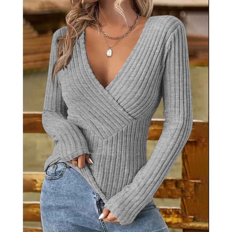 Damen Pullover & Langarmshirts Slim Fit Vielseitig Großer V-Ausschnitt Elastisch Gestrickt Rippstrick Langarm T-Shirts