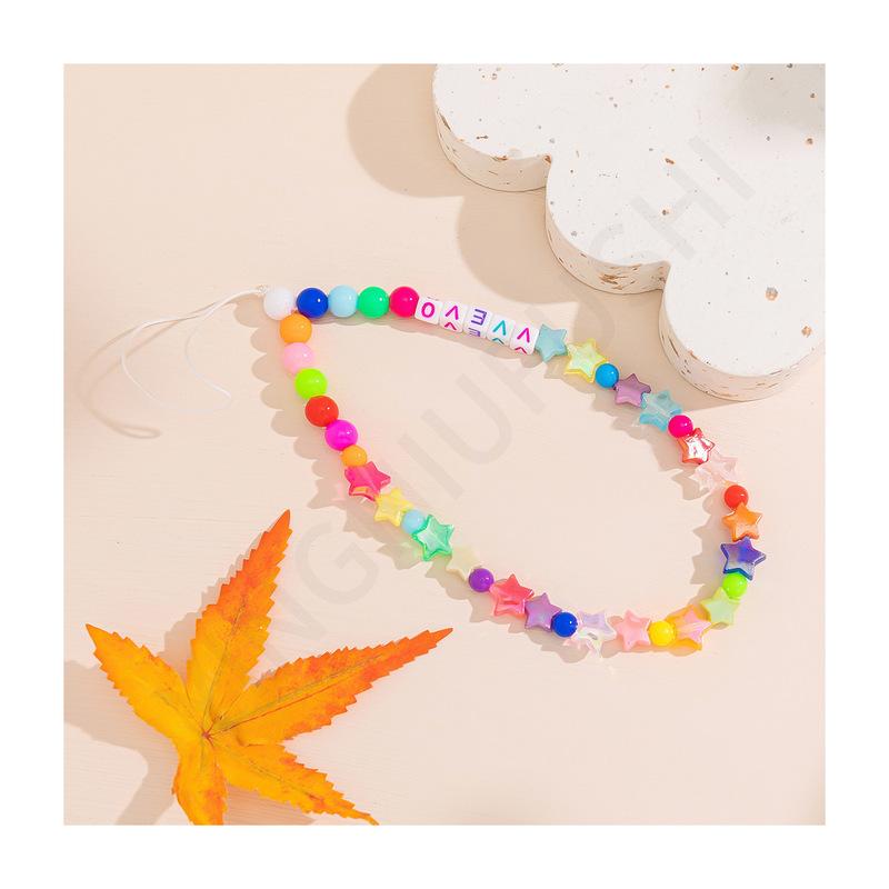 Acrylic colorful peach heart five-star mobile phone chain fashionable short anti-lost mobile phone lanyard women's key lanyard
