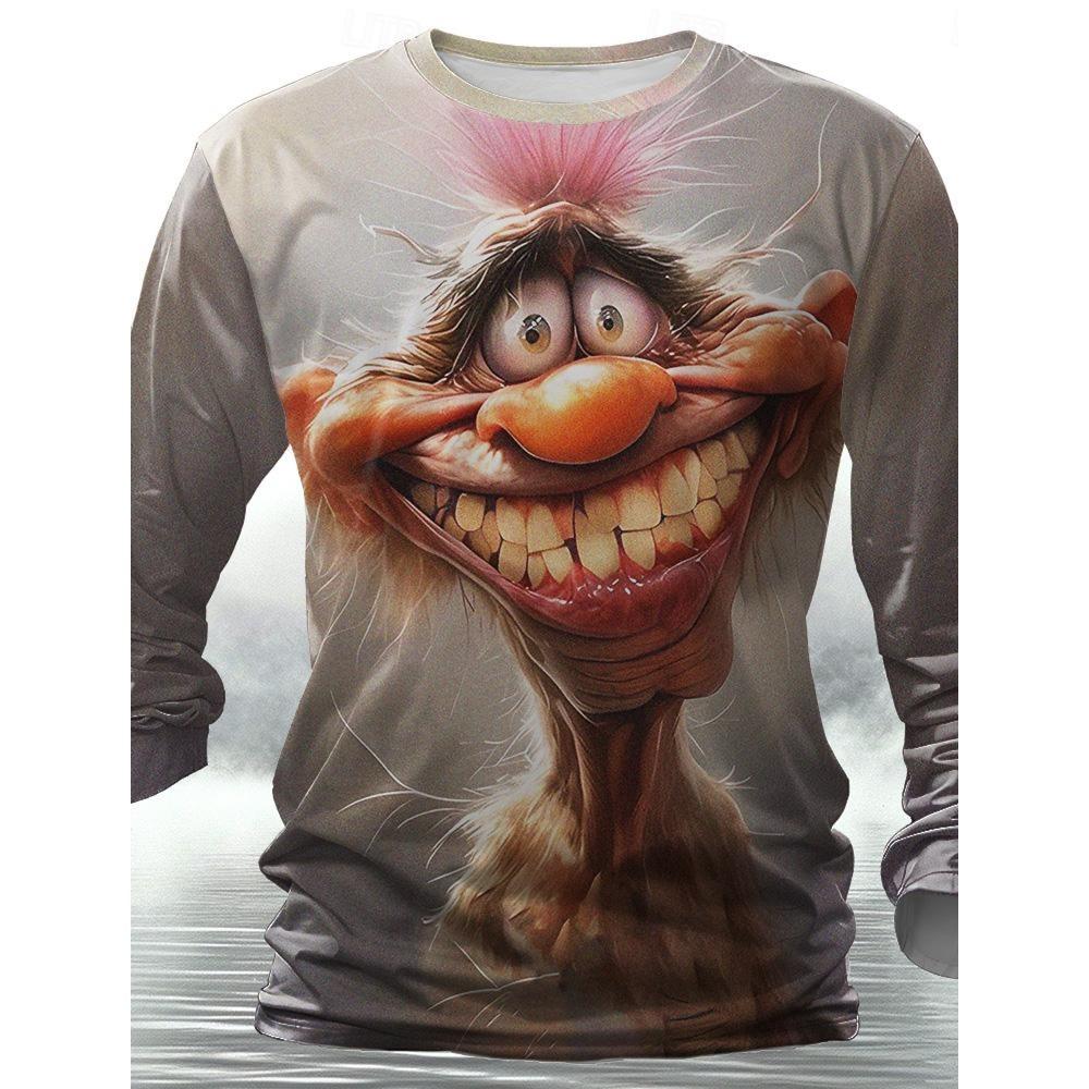 Funny Animal Design Retro Men 3D Printing Street Casual Daily Gray Long Sleeved Round Neck Shirt Spring And Autumn Clothing
