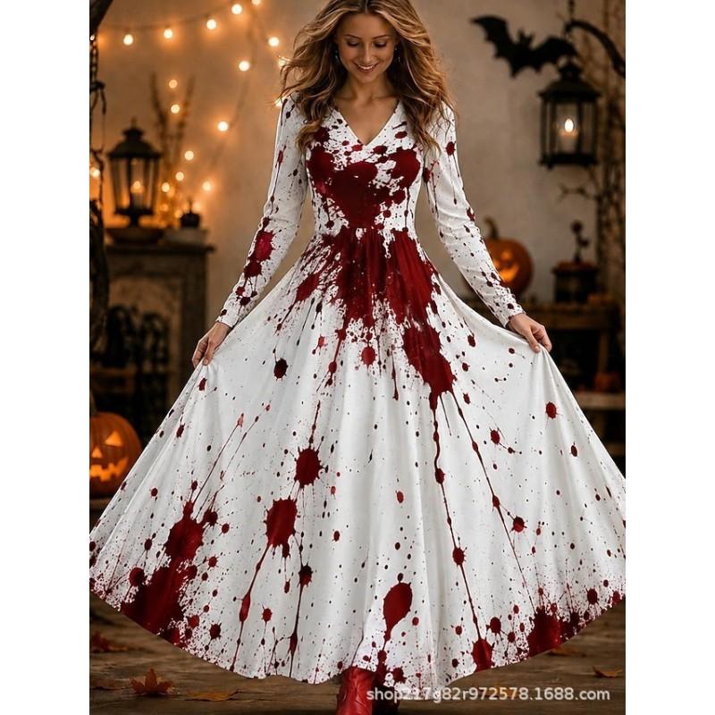 2026 Halloween Womens V-Neck Long Sleeve Maxi Dress With Ghost Pumpkin Witch Print High-Waist Loose Fit Party Gown