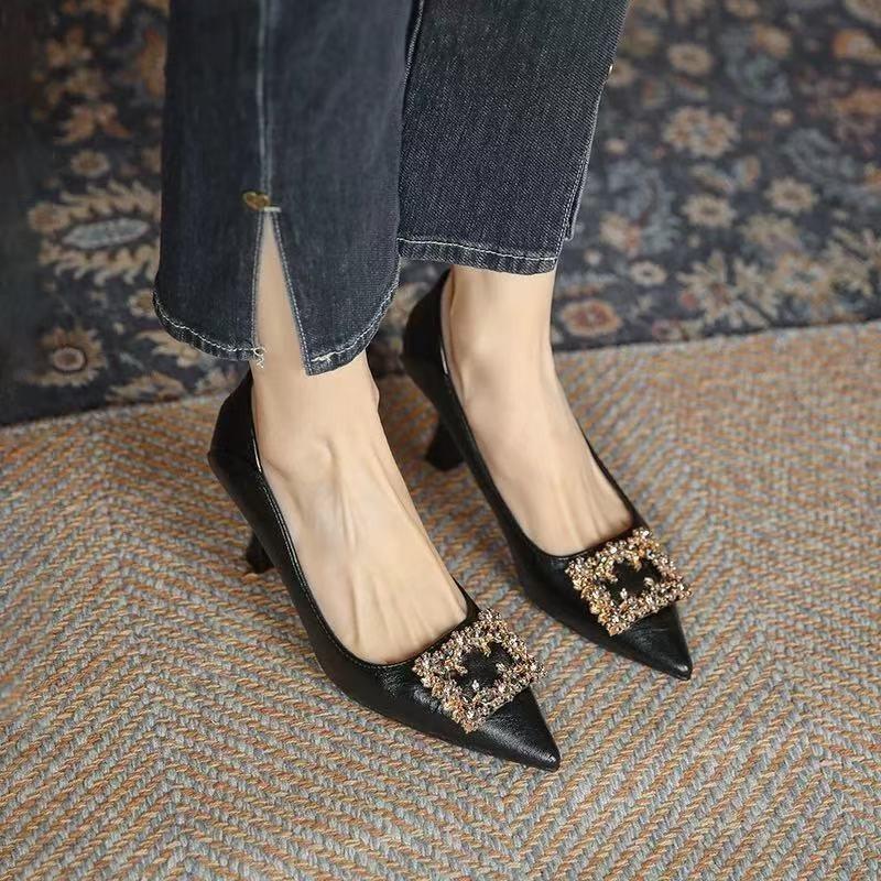 Summer Fashion Versatile Rhinestone High Heels Women's 2025 New Pointed Thin Heel Soft Leather Soft Sole Temperament Bridesmaid Shoes