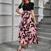 2025 Spring Summer Short Sleeve Floral Printing Elegant Dress Crew Neck Fashion Splicing Vacation Style Casual A-line Party Dress Slim Women Clothing