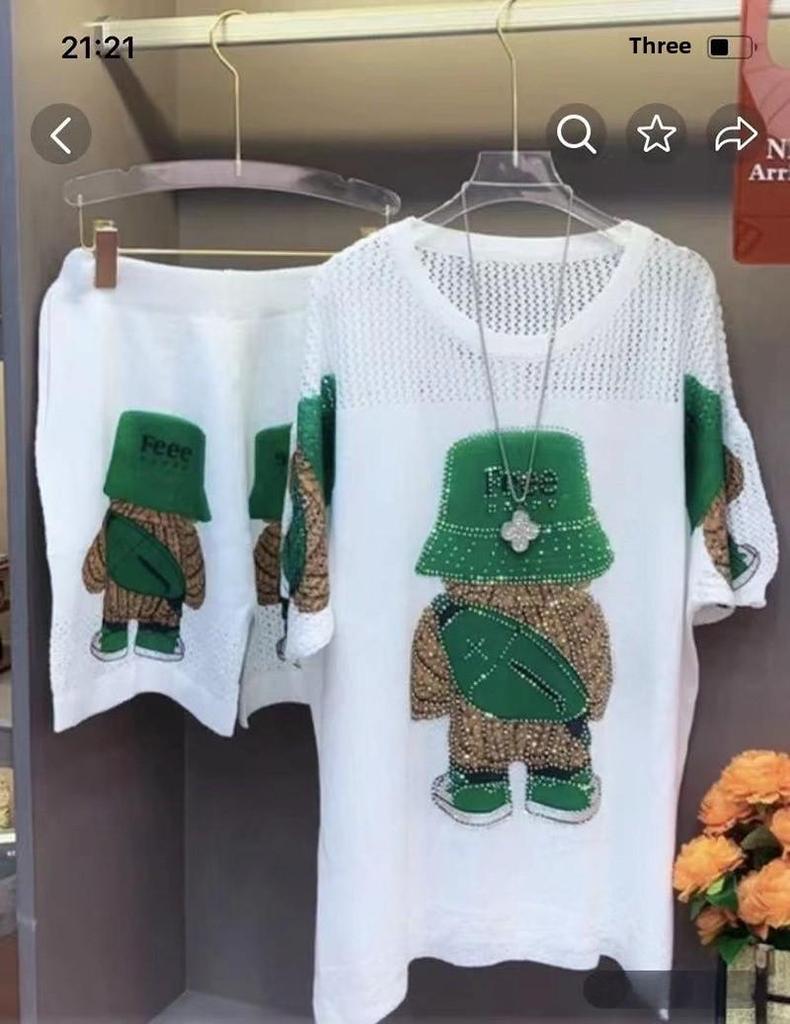 Plus Size Women's Summer Bear Print Knitted Two-Piece Shorts Suit