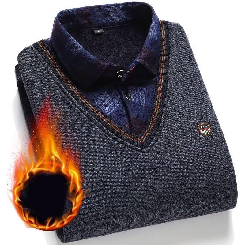 Men's Plush Sweater Autumn Winter Fake Two Piece Pullover Polo Shirt Collar Fleece Thick Warm Top Clothes Casual Jumpers