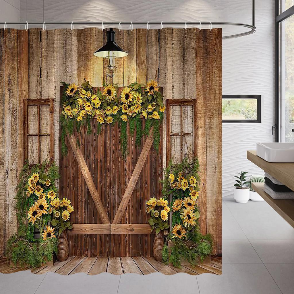 Retro Holz Türen Duschvorhang Set Rustikal Alt Vintage Scheunentor Stoff Badezimmervorhänge Bauernhaus Baddeko Badwände Haken
