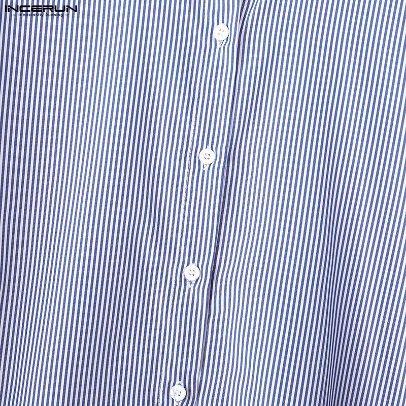 INCERUN Oversized Men Casual Loose Long Sleeve Striped Print Buttons Shirts Tops