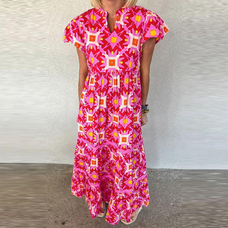 

V Neck Dress Fashion Contrast Color High Waist Slim Looking Short Sleeve Rose P306 Size S fit (45.00 kg-55.00 kg