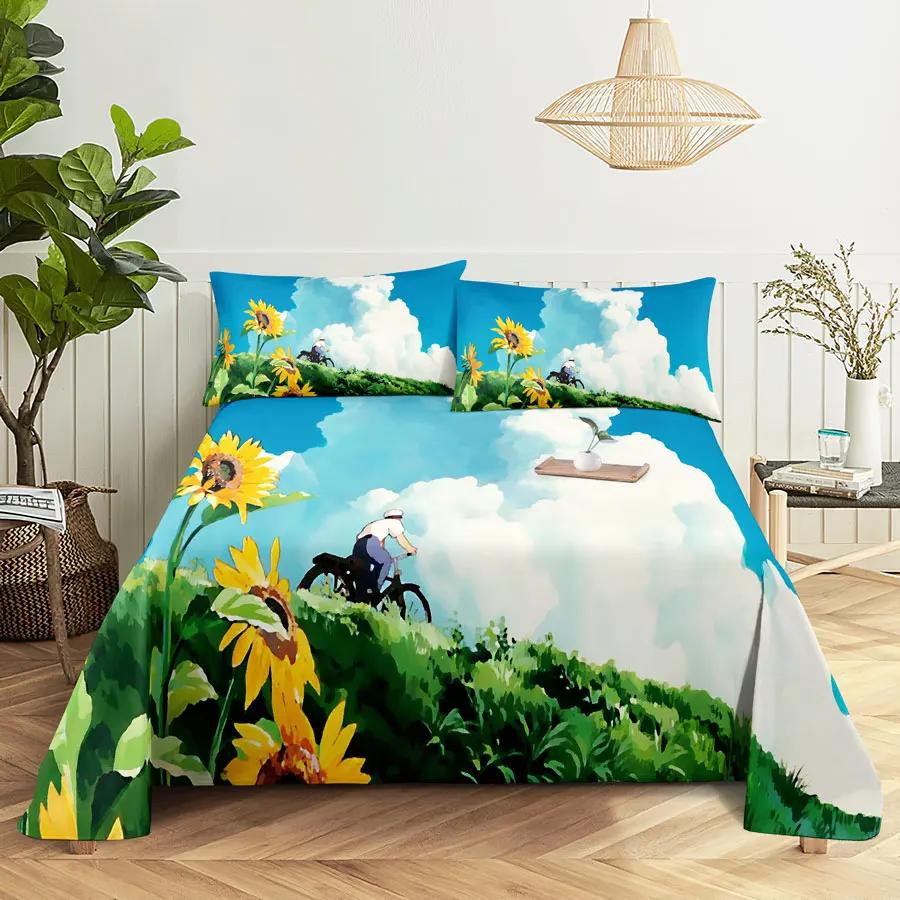 Sunflower Bed Sheet Sets Bouble Single Beds Flower Bedsheet with Pillow Case Full Queen Size 2pcs 3pcs 3D Soft Thin Fabric Home