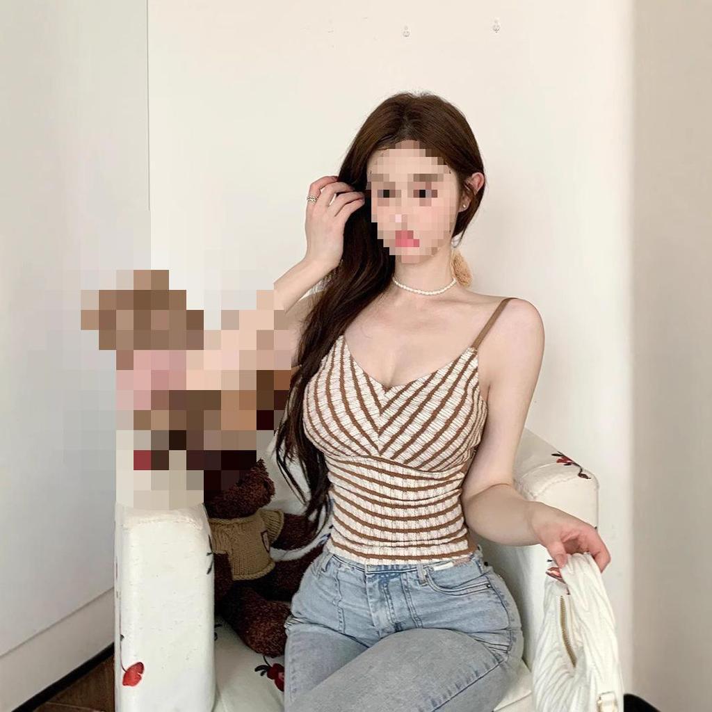Women's Spicy Striped Knit Camisole Vest with Chest Pads - Backless Summer French Style