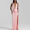 2025 Summer Fashion Deep V Halter Pleated Open-Back Slit Dress for Women