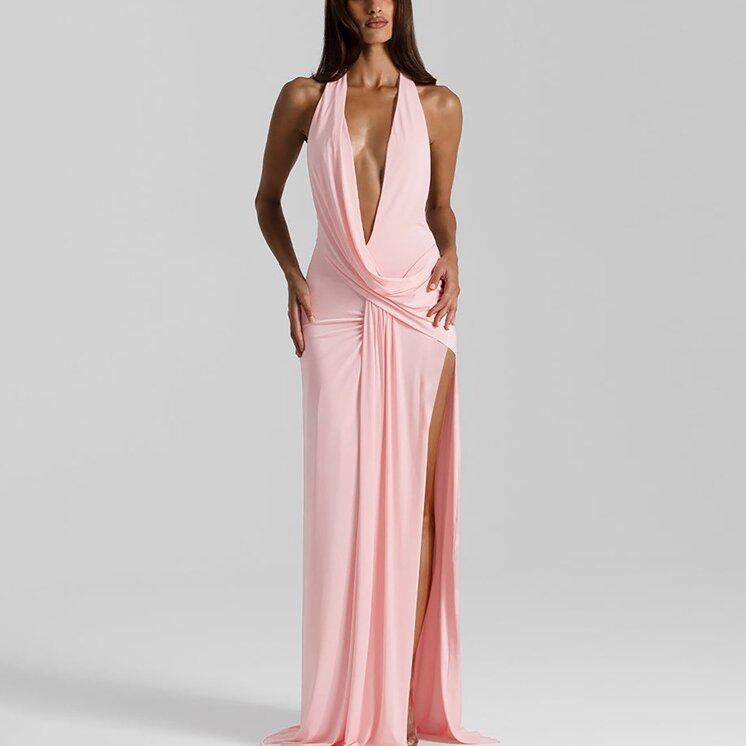 2025 Summer Fashion Deep V Halter Pleated Open-Back Slit Dress for Women