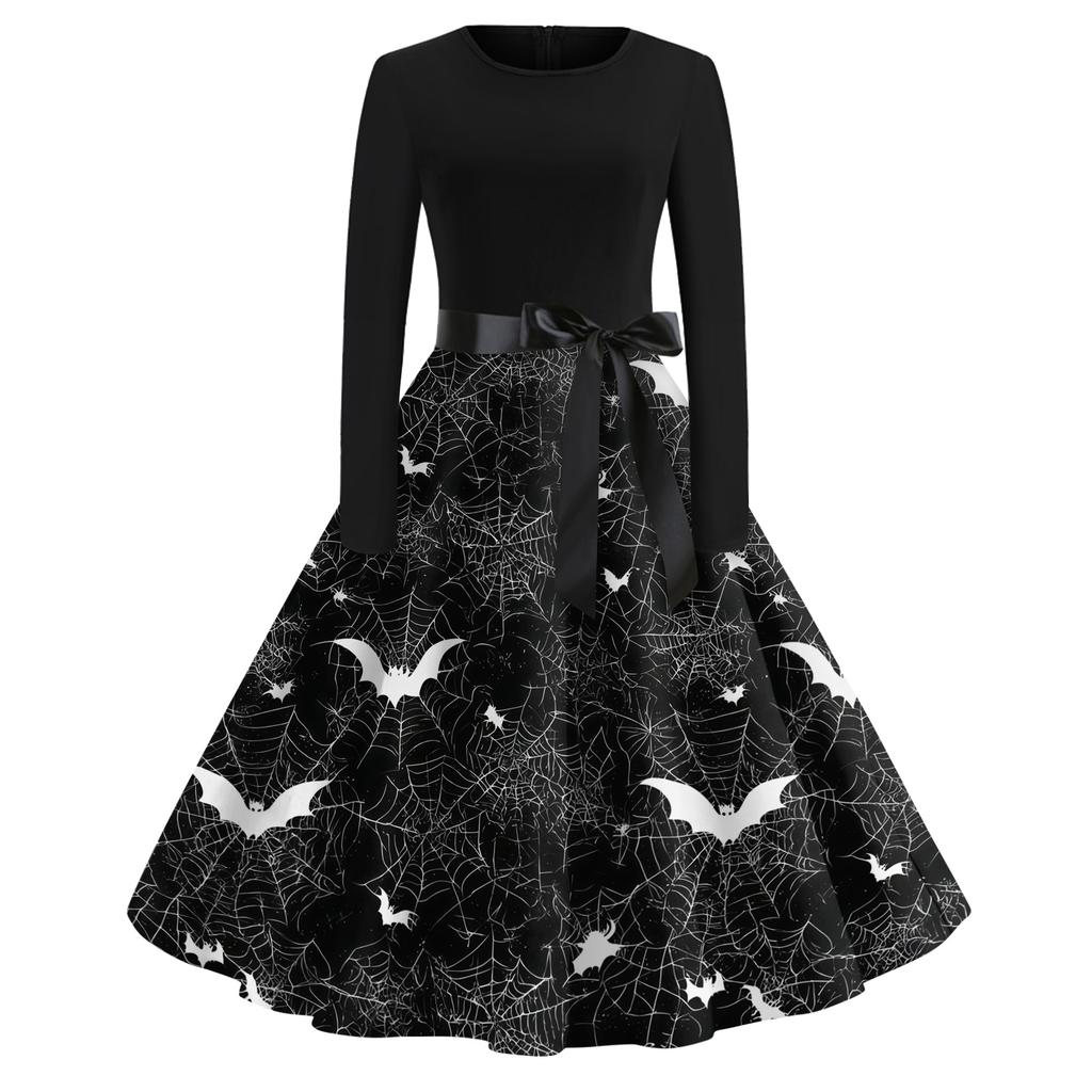 Women's Casual Vintage Halloween Dress Long Sleeve Crew Neck Retro Swing Dress with Spider Web and Bat Print and Waist Tie Belt for Everyday Wear