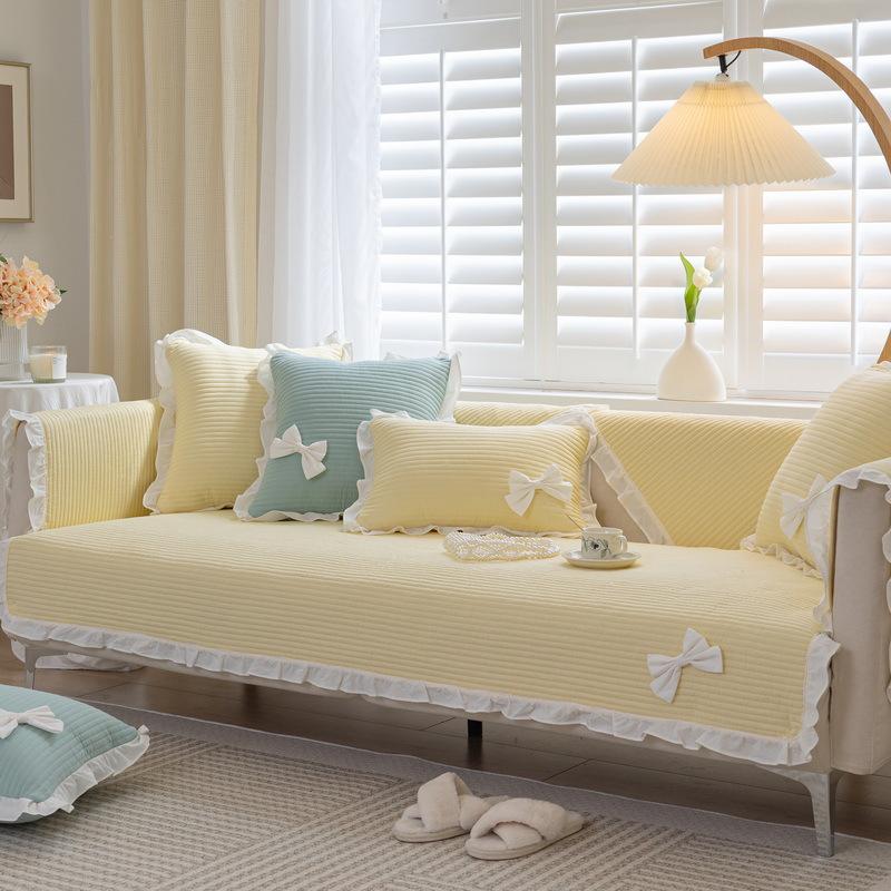 Universal Cotton Solid Color Sofa Cushion for All Seasons Korean Style Pastoral Fresh Ruffle Edge Non-slip Sofa Cushion Towel Full Cover