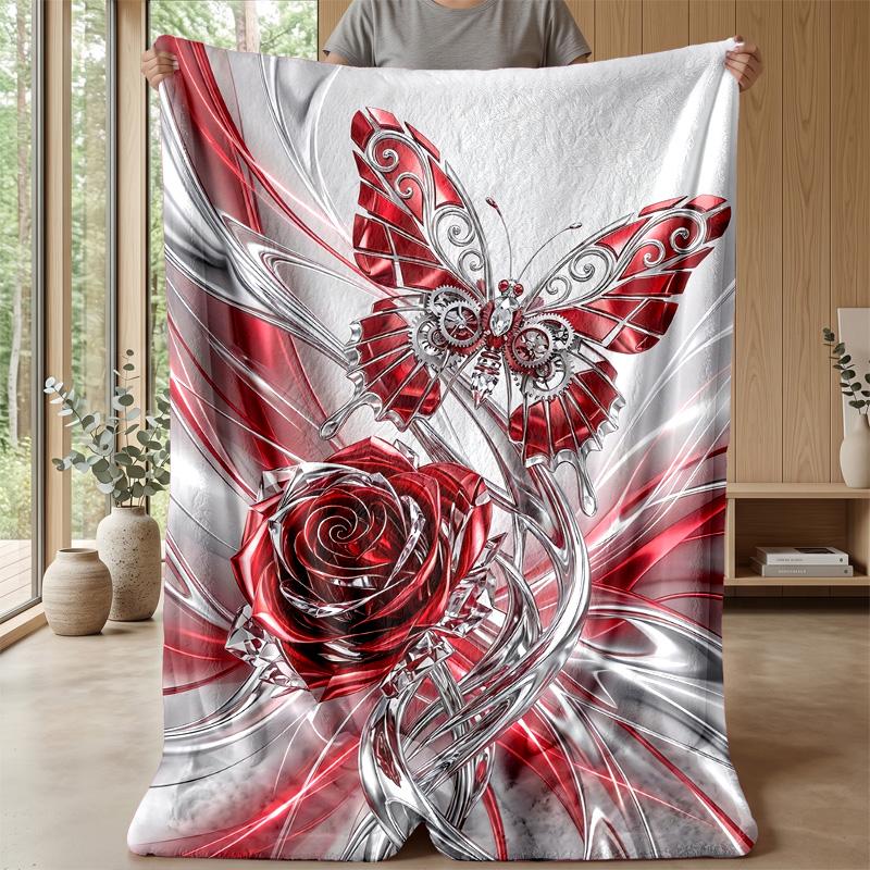 Mechanical Butterfly and Rose Theme blanket Lightweight Warm Flannel Blanket Decorative Throw Blanket for Home Decoration
