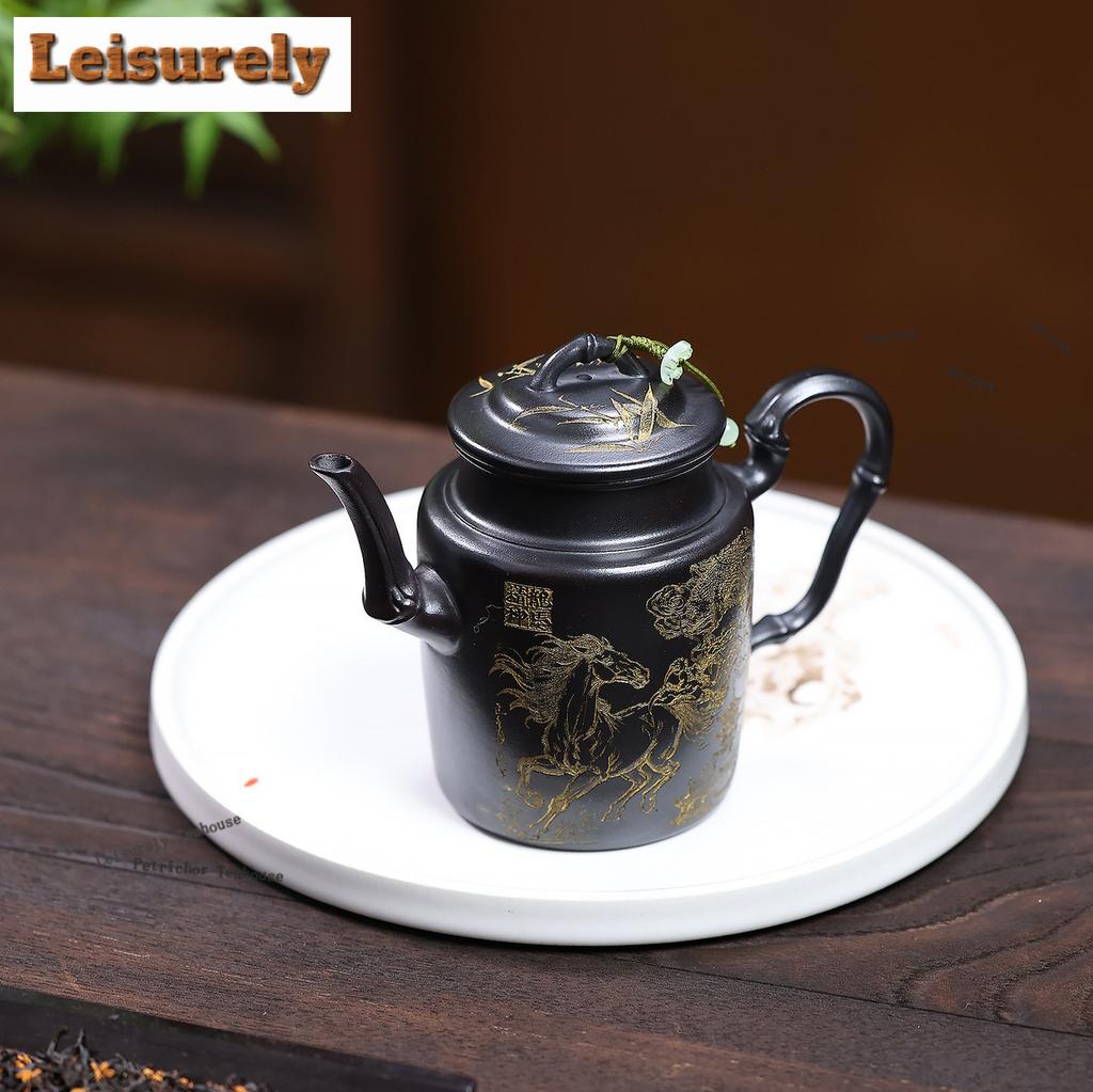 111ml Authentic Yixing Purple Clay Teapots Handmade Gold Drawing Ryoma Pot Raw Ore Stone Yellow Mud Kettle Zisha Tea Set Cha
