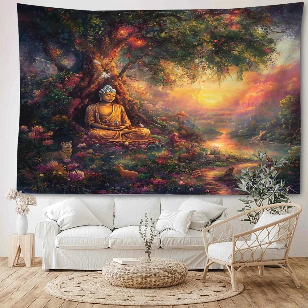 Enlightened Buddha Tapestry  Serene Meditation Under Sacred Tree  Unique Wall Art for Bedroom  Spirituality Lover Gift