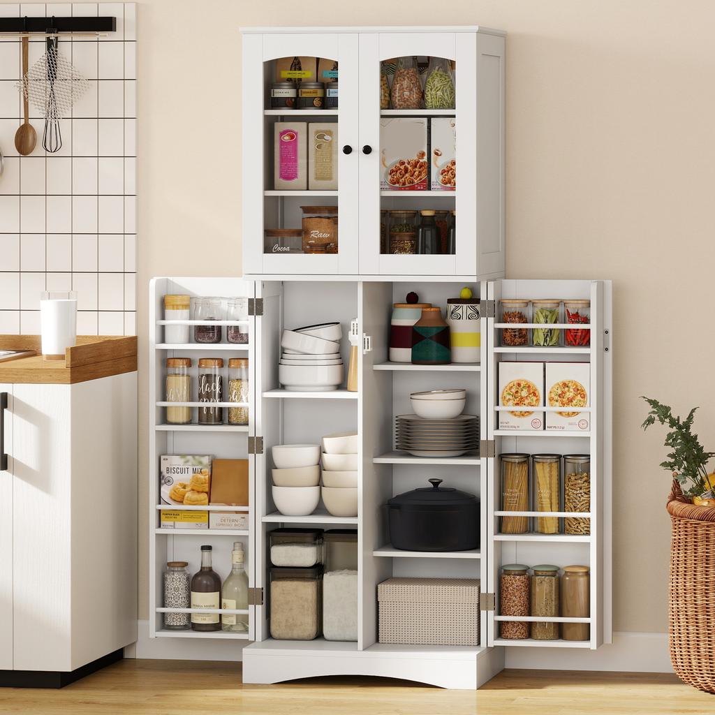 High Kitchen Sideboard, Acrylic Display Cabinet, 4 Doors, 10 Compartments, 60 x 40 x 162 cm, White