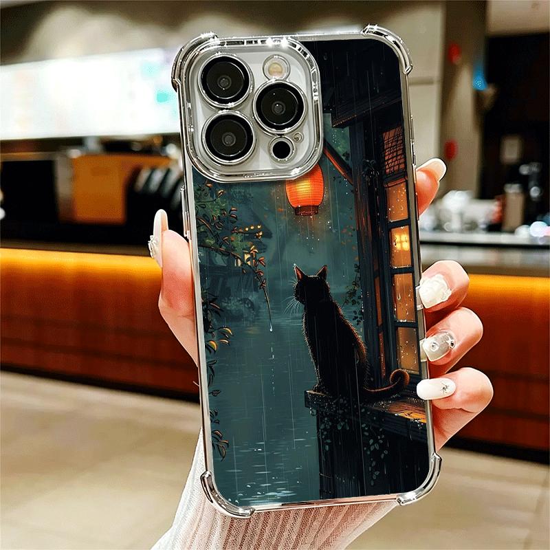 Healing Sense Cat Rain Plating Phone Case For Iphone 16 17 Pro Max Air 16E 14 15 Plus 12 13 Mini Anti-Fall Airabag Cover