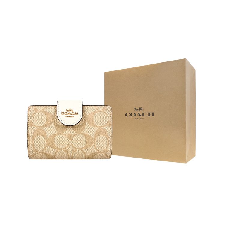 Coach Corner Zip 13 Button Folded Layered Leather Wallet Women Wallet Light-Brown White C0082-IMDQC