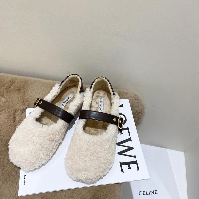 2024 Spring Lambhair Women Ballet Laofer Flat Shoes Shallow Slip On Ladies Fur Mary Jane Shoes Soft Outdoor Granny Shoes