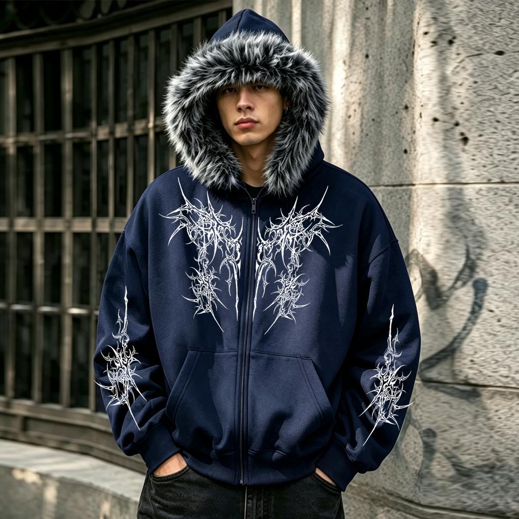 Unisex Oversized Hooded Rits Sweatshirt met Nepbontrand en Fleece-Gevoerde Zakken—Een Warme Herfst/Winter Ritsjack