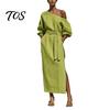 Women Long Dress One Shoulder Dress, Solid Color Tie Waist Side Split Casual Summer Dresses Party Sleeve Maxi for Everyday Wear