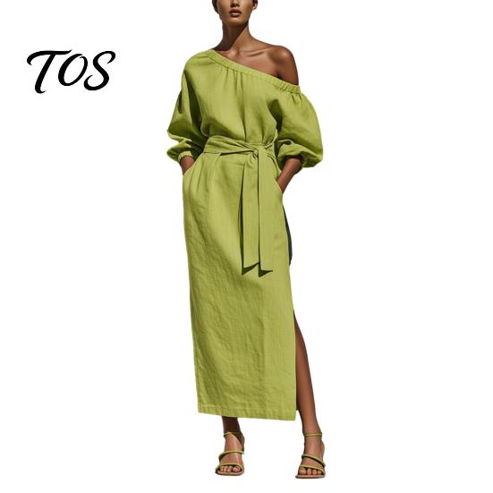Women Long Dress One Shoulder Dress, Solid Color Tie Waist Side Split Casual Summer Dresses Party Sleeve Maxi for Everyday Wear