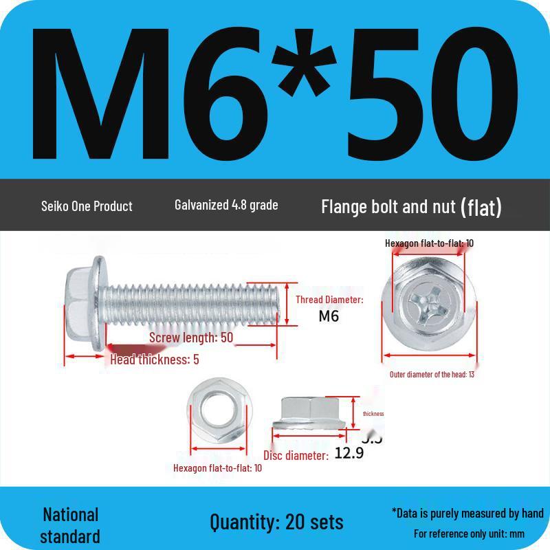 4.8 Grade Galvanized Hex Bolt Set with Anti-slip Washer & Nut, Cross Flange Head, M4/M5/M6/M8mm