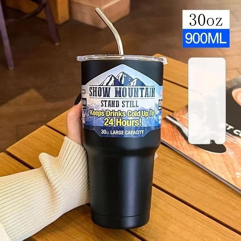 

30zo Stainless Steel Freeze Thermos Cup with Straw Ice Coffee Drink Vacuum Insulated Bottle Car Travel Outdoor Thermostatic Cup 901-1000ml